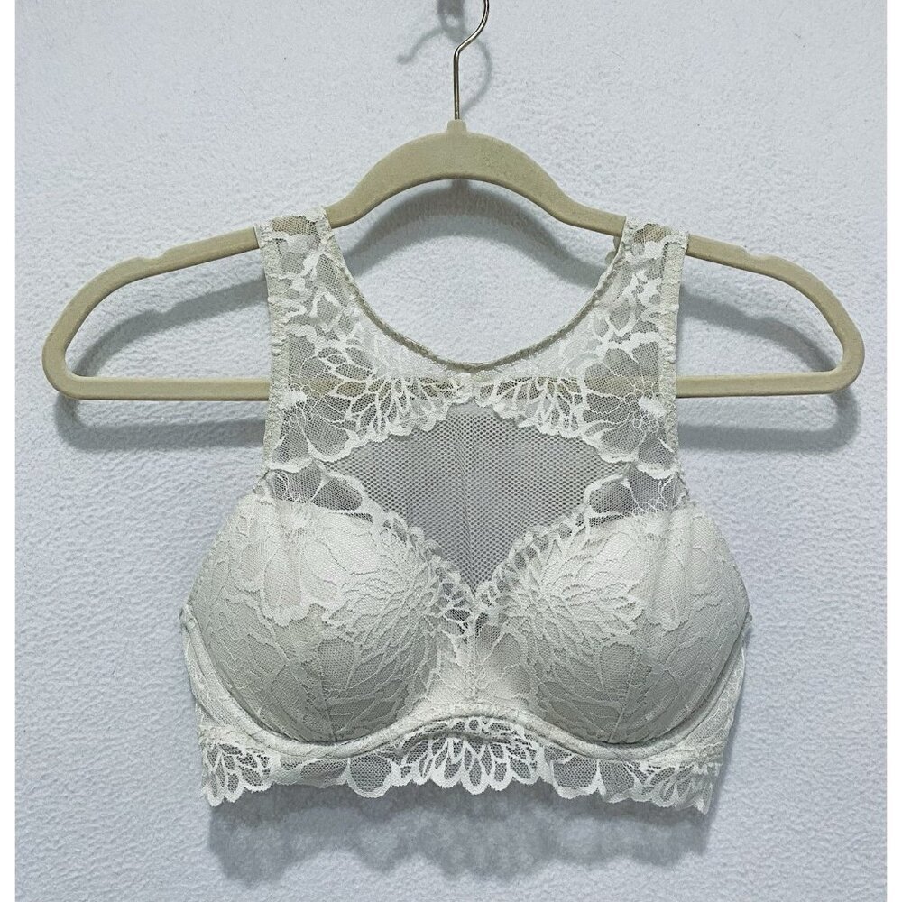PINK Victorias Secret Bralette Womens Small Ivory Lace Mesh Pullover Romantic